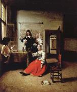 Pieter de Hooch Weintrinkende woman in the middle of these men oil painting artist